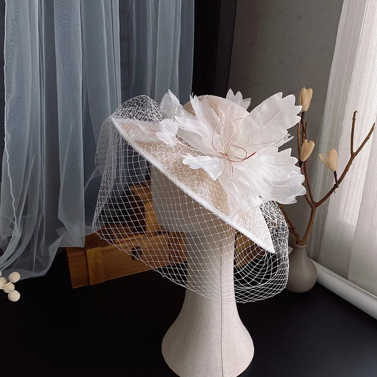 Hera hot sale elegant wide brim bride hat handmade flower fascinator bridal hats with veil