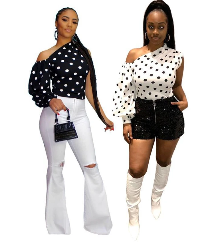 O8355-оптовая продажа, стильная женская осенняя одежда, блузка в горошек с открытыми плечами и длинным рукавом, женские топы