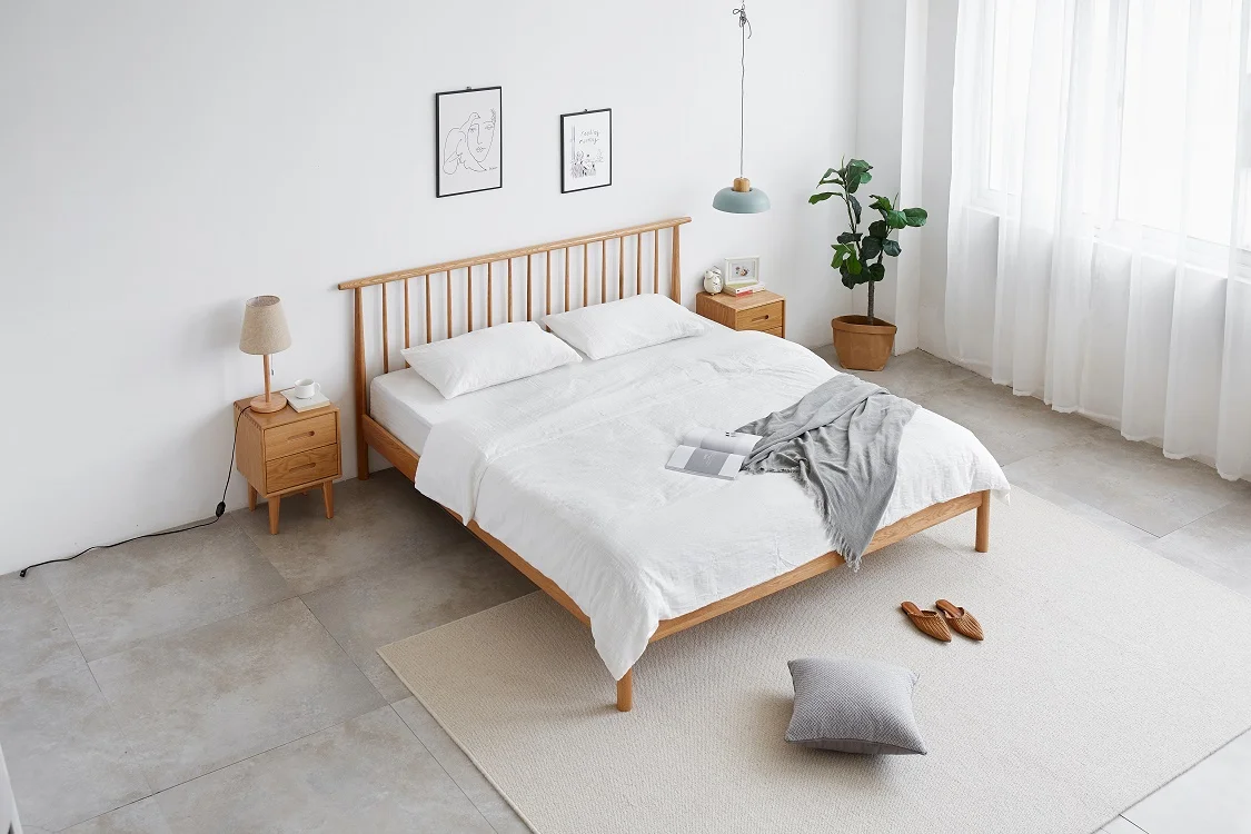 A1013 Simple modern style solid OAK wood Vertical bar bed set queen king size bed designer furniture