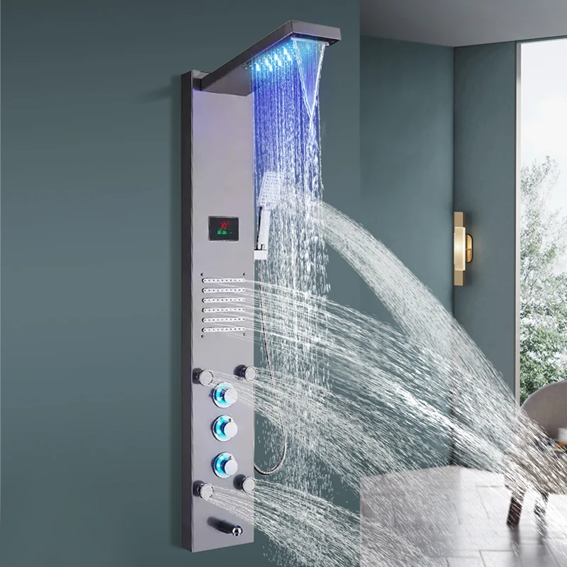 luxury wc toilet rain shower tower system bathroom wall mount shower column set black stainless steel led shower panel waterfall