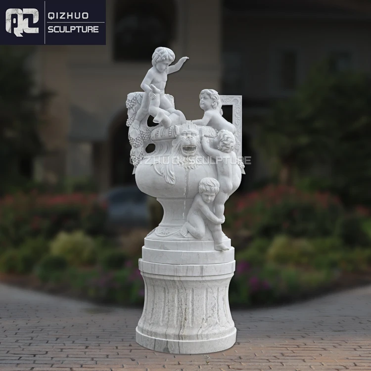 Hand Carving Natural White Stone Garden Outdoor Decor Marble Water Fountain With Child Statue For Sale