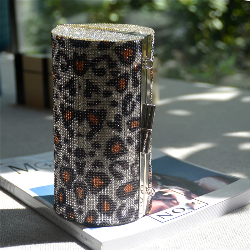  Ladies Rhinestones Evening Purse New Trendy Design Bling Crystal Round Leopard Print Clutch Women