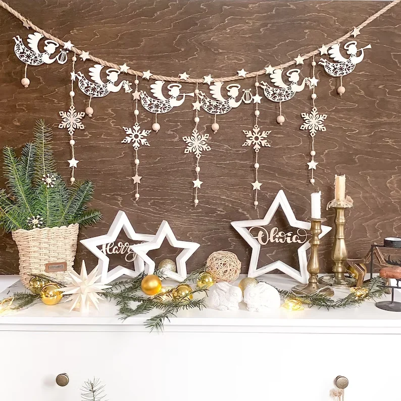 Holiday Decor Wooden Christmas Ornaments Tree Decorative Christmas Garlands For Window