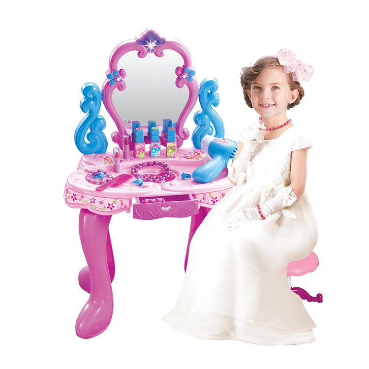 High Quality Plastic Kids Girl Play House Toy Mini Makeup Table Lighting Music Children Dressing Table Set
