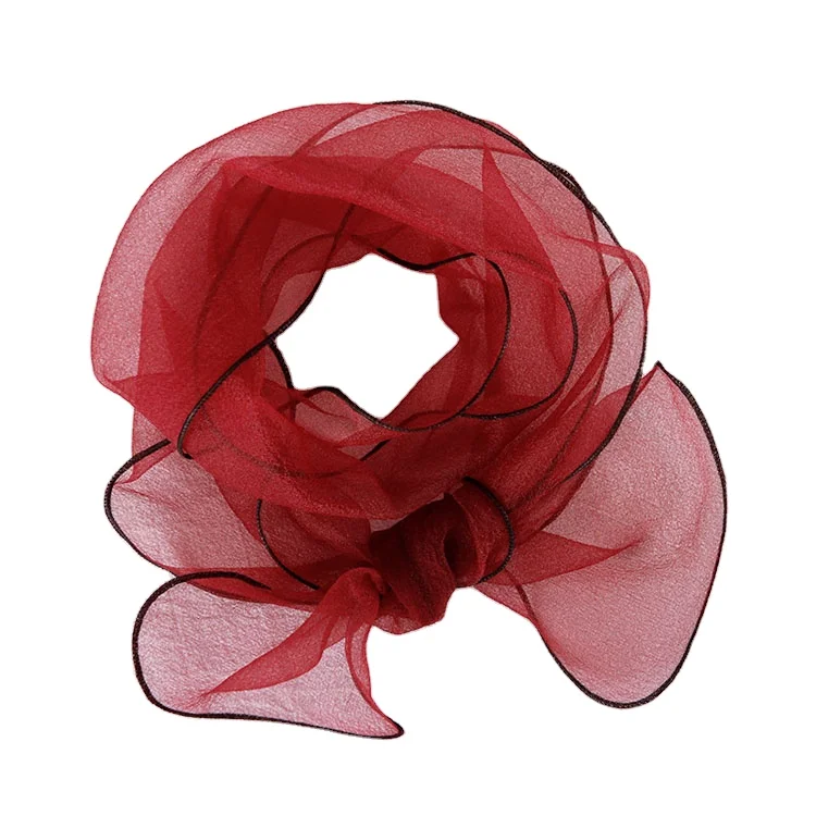 Полупрозрачный легкий газовый шарф, Женский шифоновый однотонный черный окантовка, маленькая повязка на голову, классические Шелковые Летние шали, шифоновые шарфы