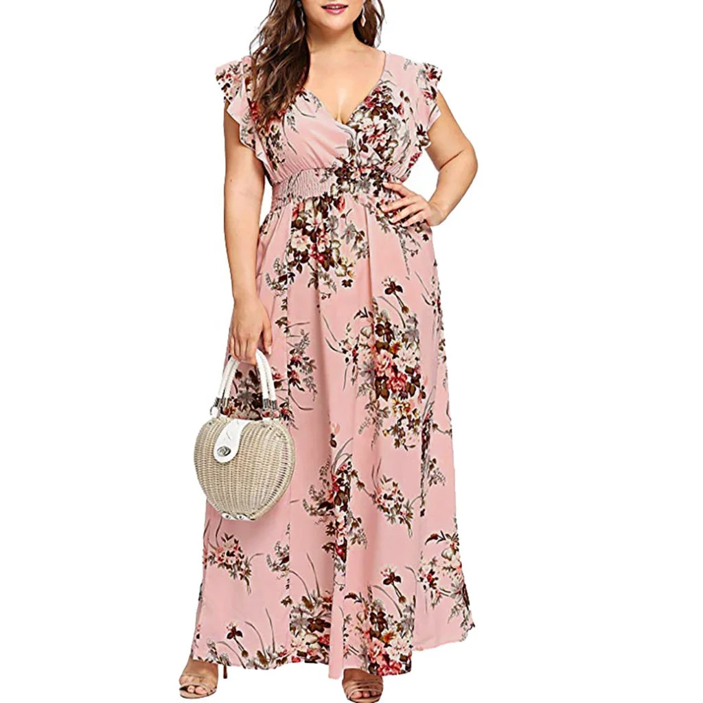 Factory Wholesale Summer New Large Size Chiffon Dress Elastic Waist Short Sleeve Printed Dress