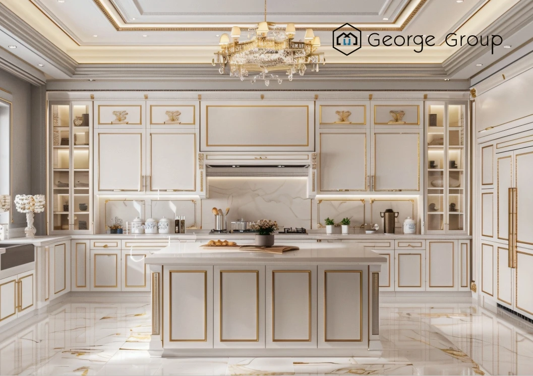 George White color gold border classical cabinet with glass wall cabinet