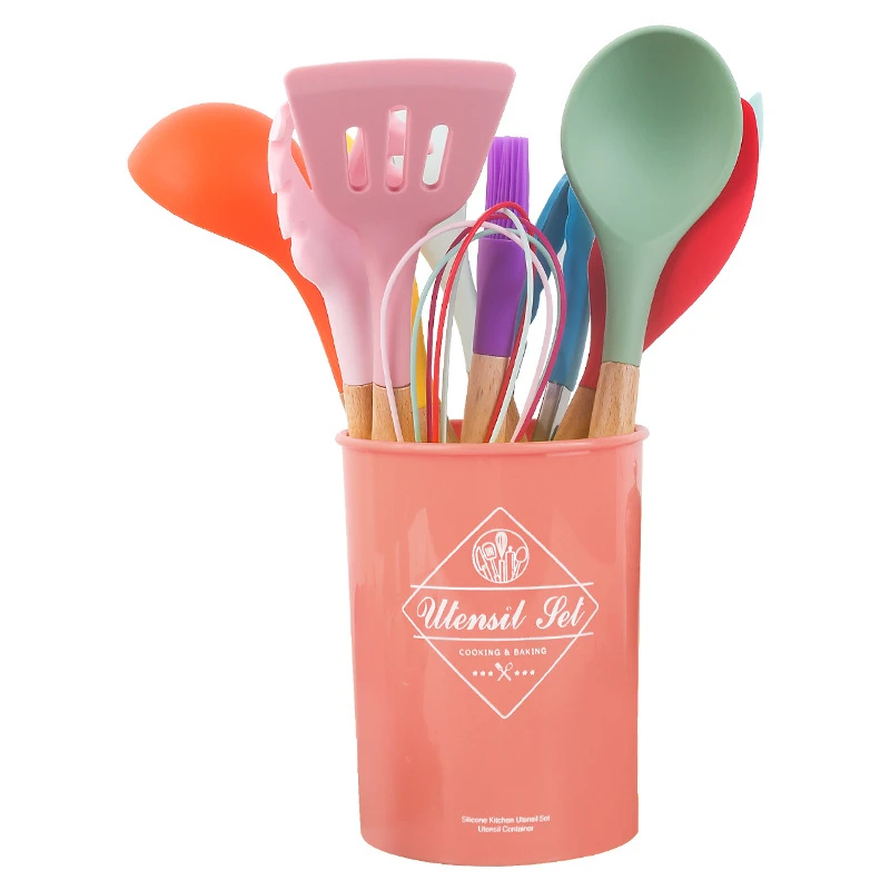 BPA Free 12pcs Colorful Silicone Kitchen Accessories Wooden Handle Utensils Set for Kitchen