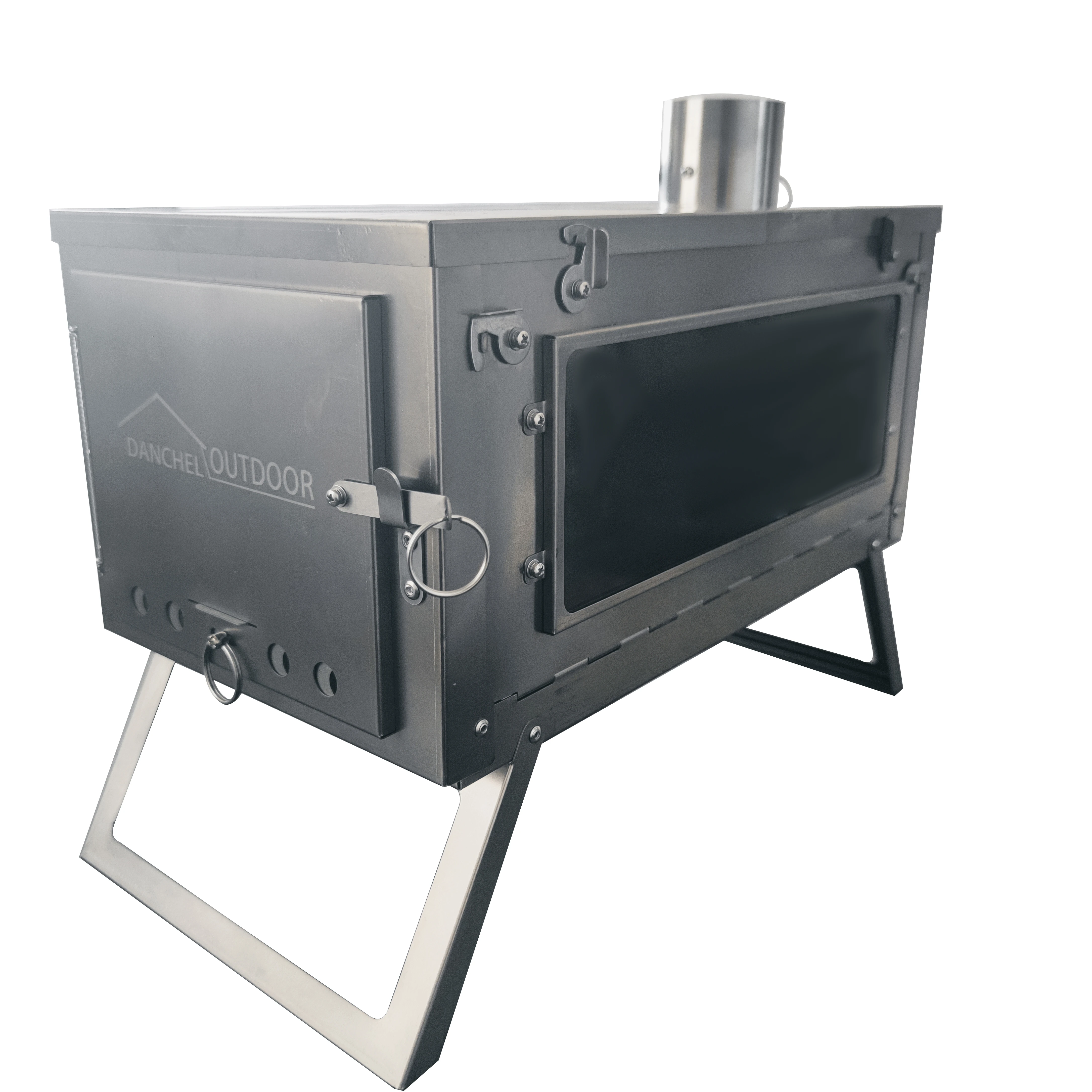 [NEW]DANCHEL OUTDOOR Fastfold Titanium Camp Tent Stove Portable Wood Stove with Glass for Backpack Hunting Cooking