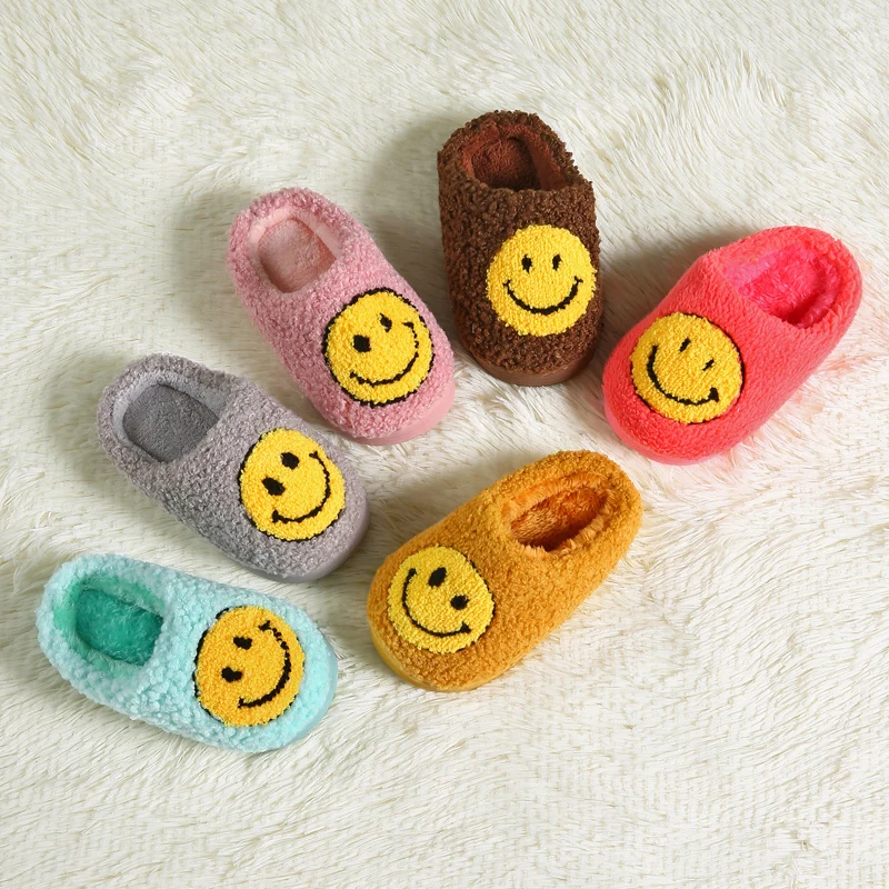 Children Smile Face Cozy Plush Comfy Warm  House Slipper Slip-on Fur Slippers Cushioned Indoor Outdoor Clog Slipper For Kids