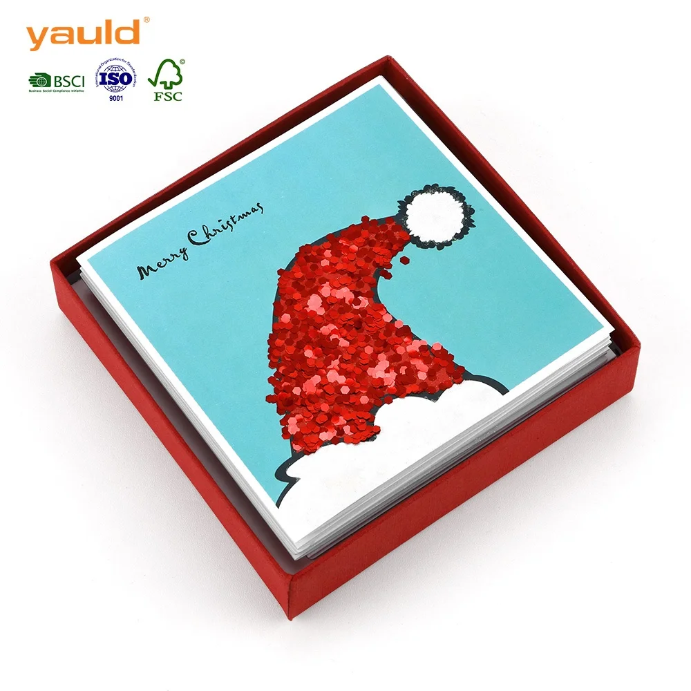 
Wholesale Red Chunky Glitter Cards, Shiny Santa Hat Christmas Boxed Cards 
