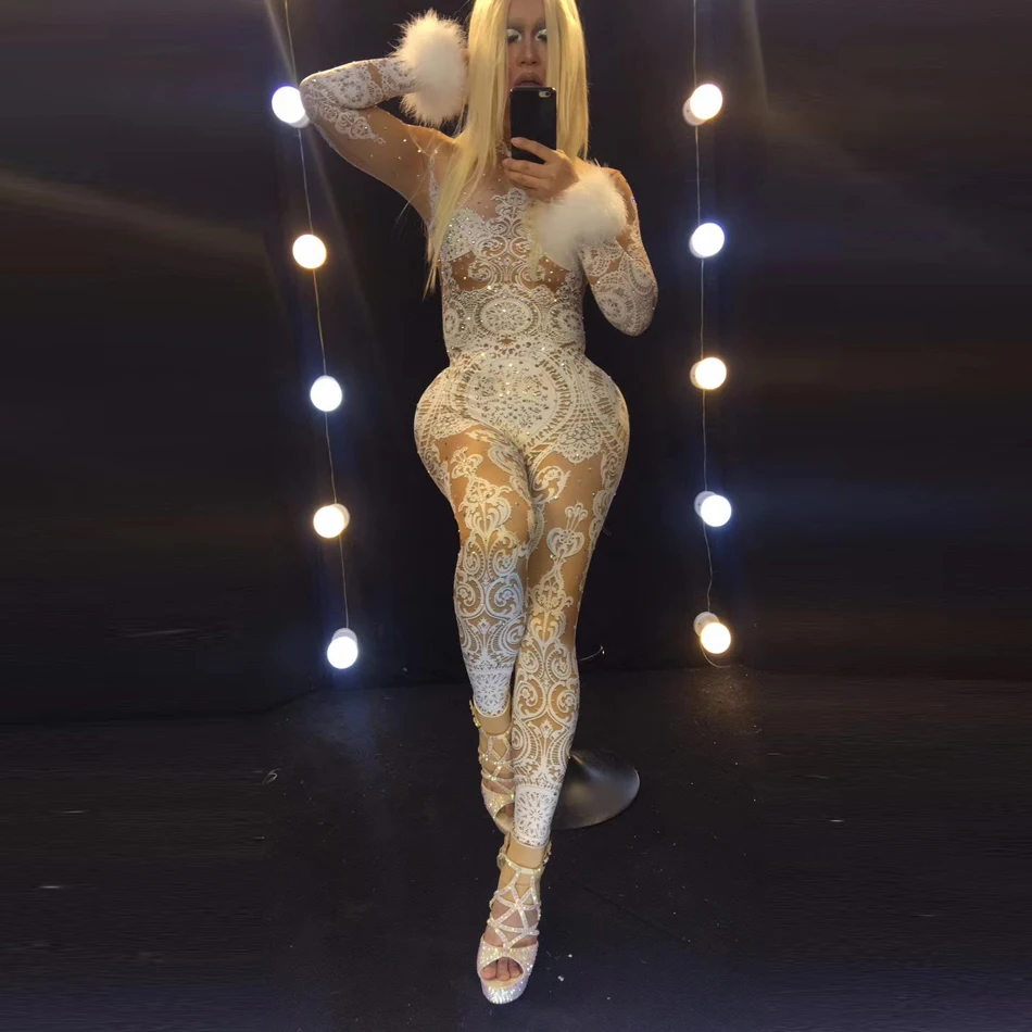 Женская сексуальная Прозрачная облегающая Клубная одежда, Женский вечерний комбинезон для коктейльных танцев и шоу, Облегающий комбинезон