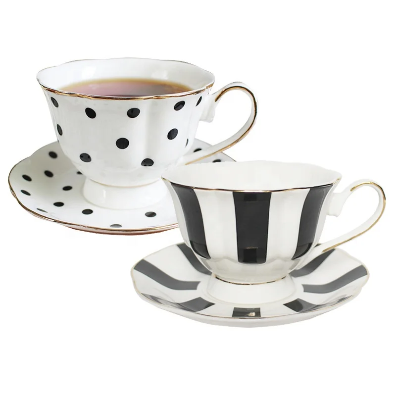 200ml Black & Gold ceramic tea cup saucers Wholesale european tea cups & saucers Custom luxury Polka Dot tea cup and saucer set