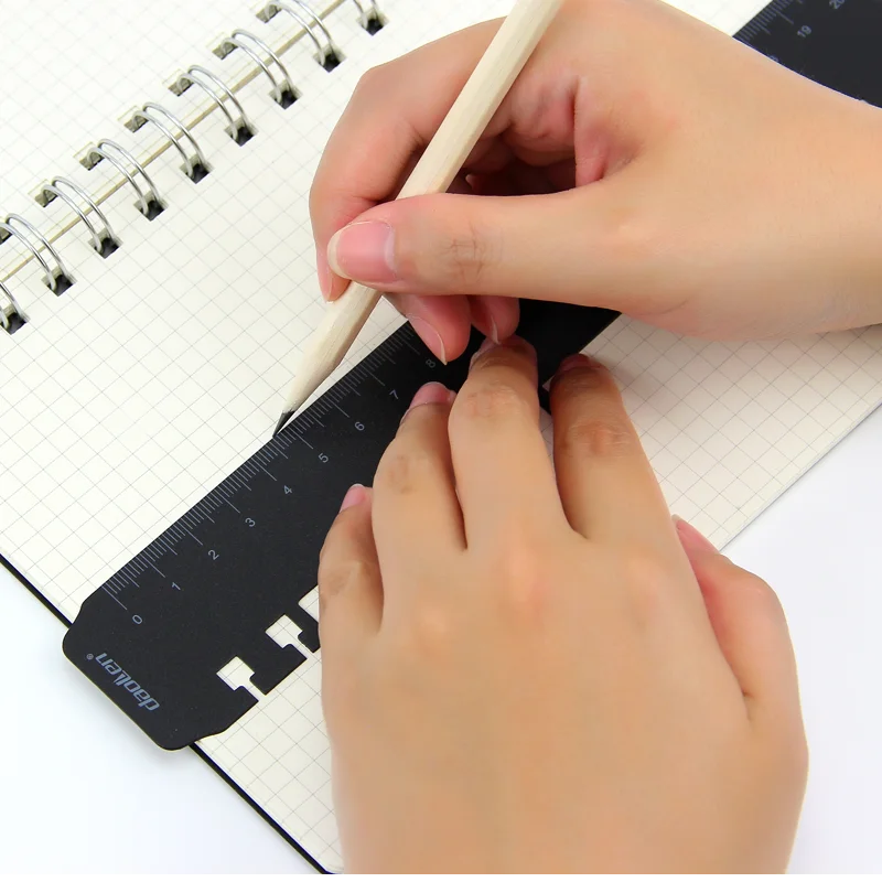 Black/White color PP plastic hard cover stationery spiral journal line grid pages with bulit-in ruler