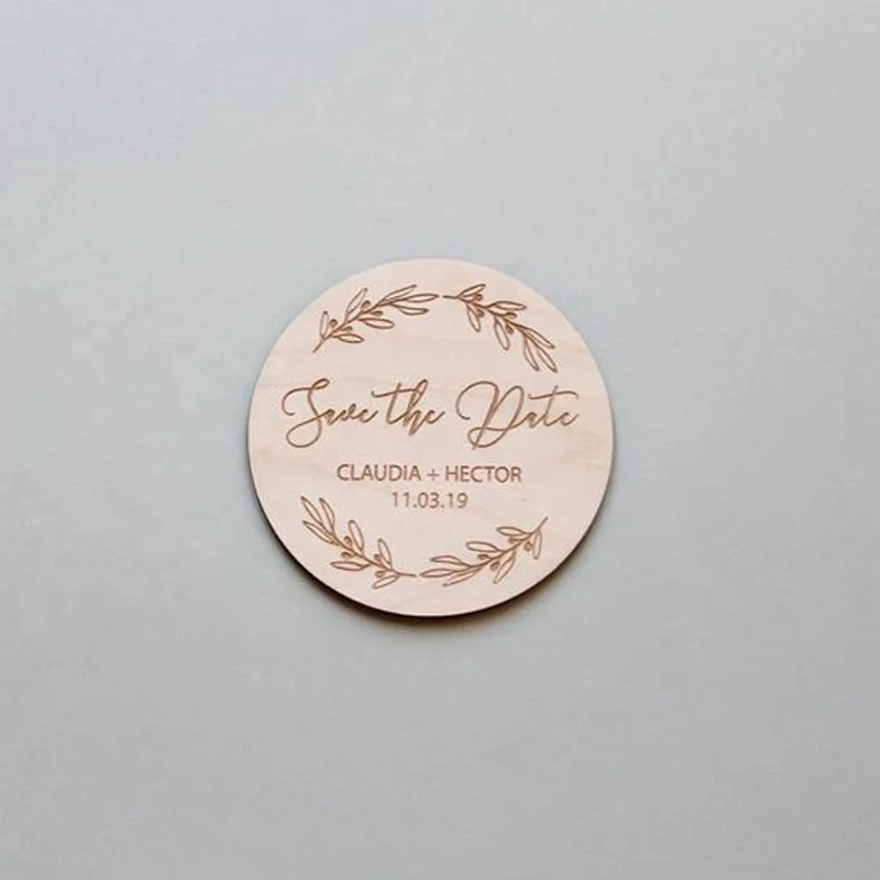 custom personalized engraved save the date magnetic fridge sticker wooden wedding card