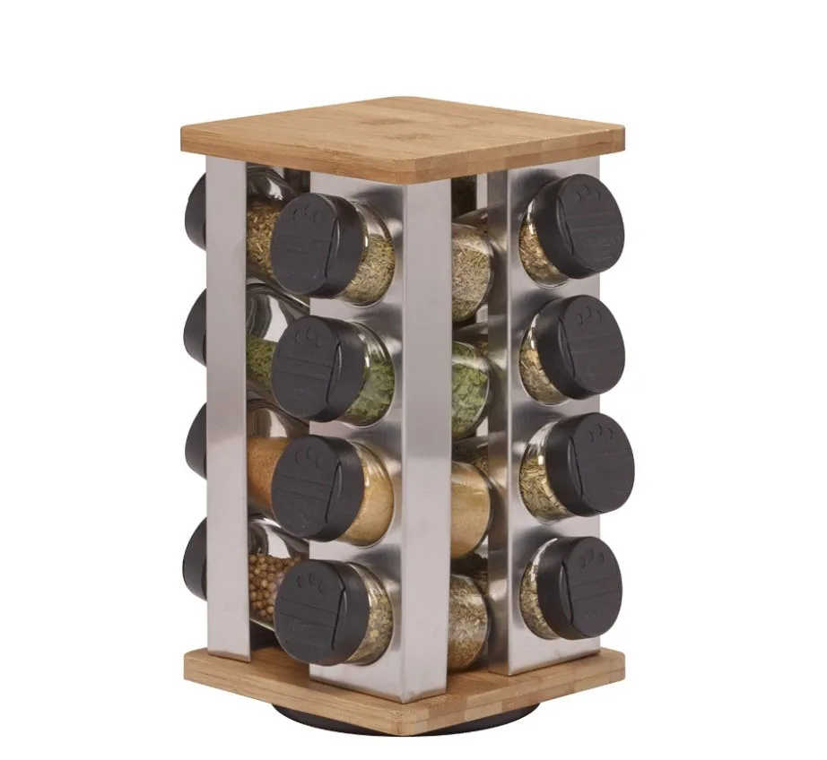 Natural Double Spice Rack Rotating Bamboo Countertop Spice Organizer