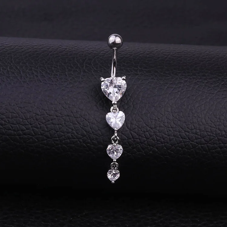 stainless steel CZ heart dangle navel ring belly dance costume women, belly piercing jewelry