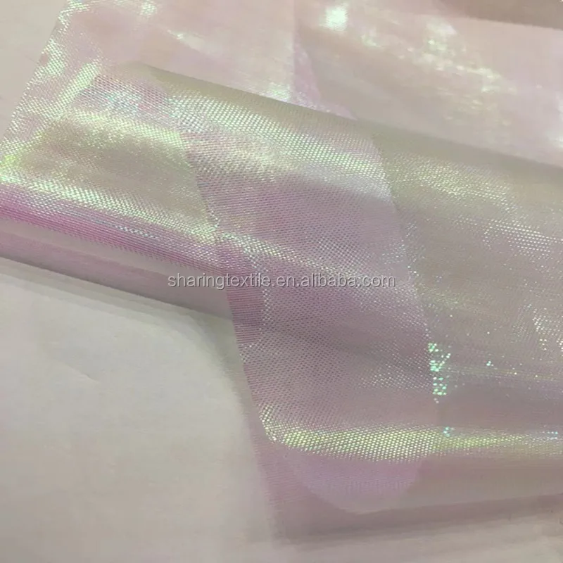 Stocklot Fabrics Polyester Nylon Shiny Colorful Rainbow Iridescent Crystal Organza Fabric For Wedding Costume Dress