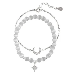 Romantic Opal Brass Glass Beads Double Layer Zircon Moon Star Bracelet