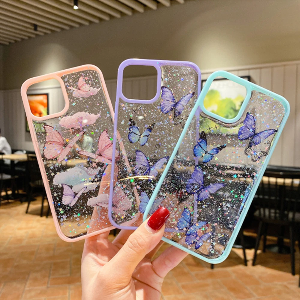 Soft Shockproof Bumper Crystal Acrylic Back Cover For iPhone Max 7 8 Plus 11 12 13 Pro Max Girl Glitter Butterfly Phone Case