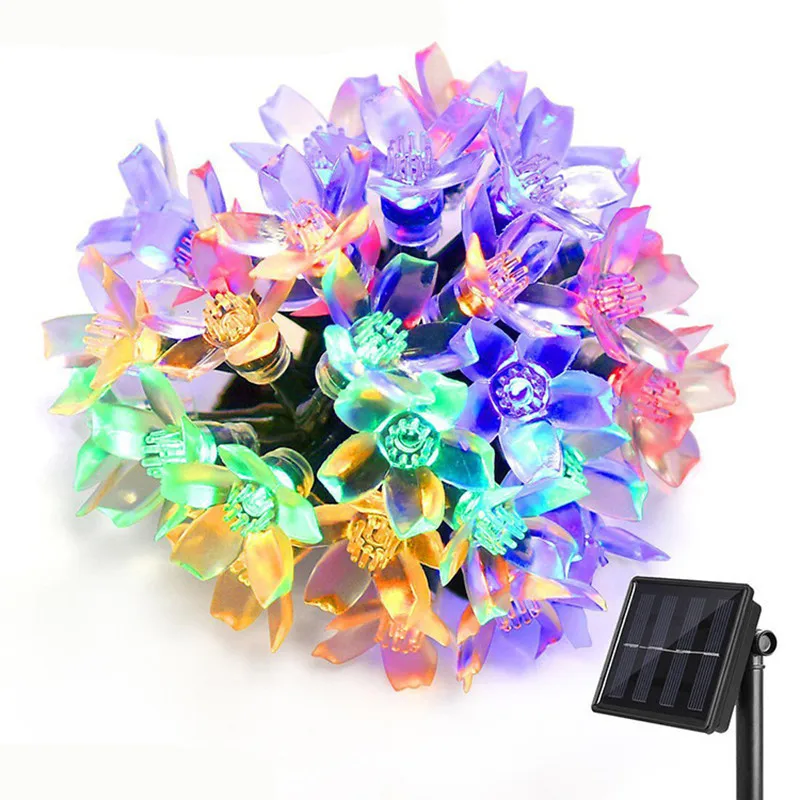 Solar Flower String Light Outdoor Waterproof Cherry Blossoms LED Fairy Lamp for Christmas Tree Garden Patio Fence Yard