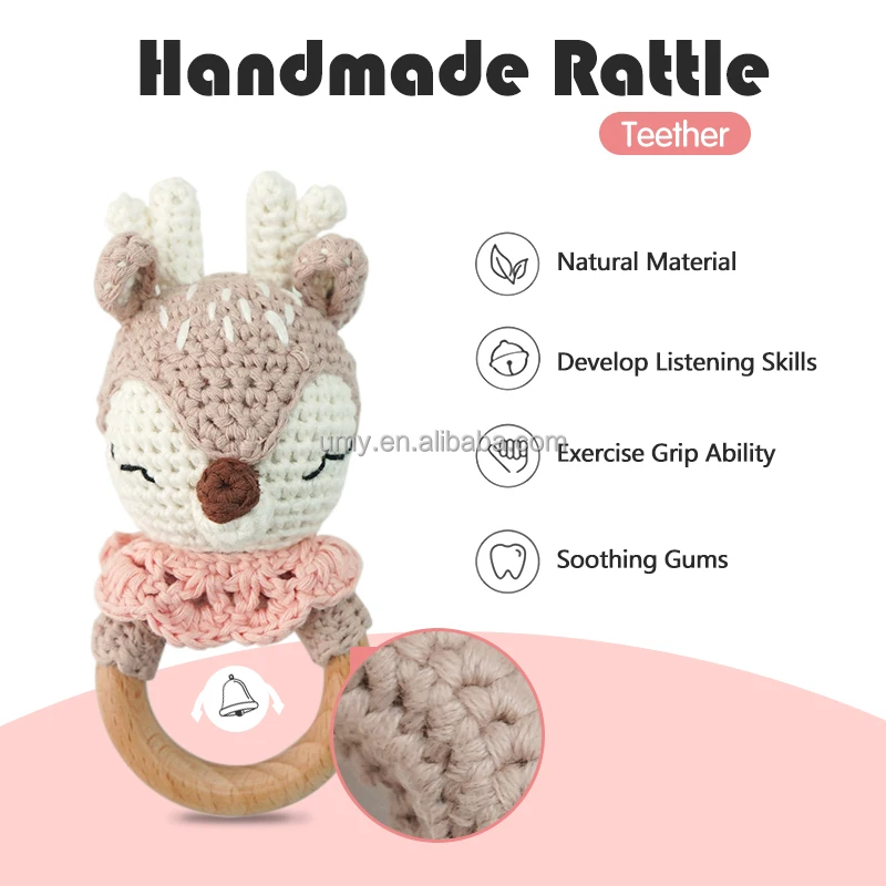 Hochet Crochet Teether Baby Teether Wood Ring Teething Toys Bpa Free Wooden Baby Teether Teething Toys for Babies 0-6 months