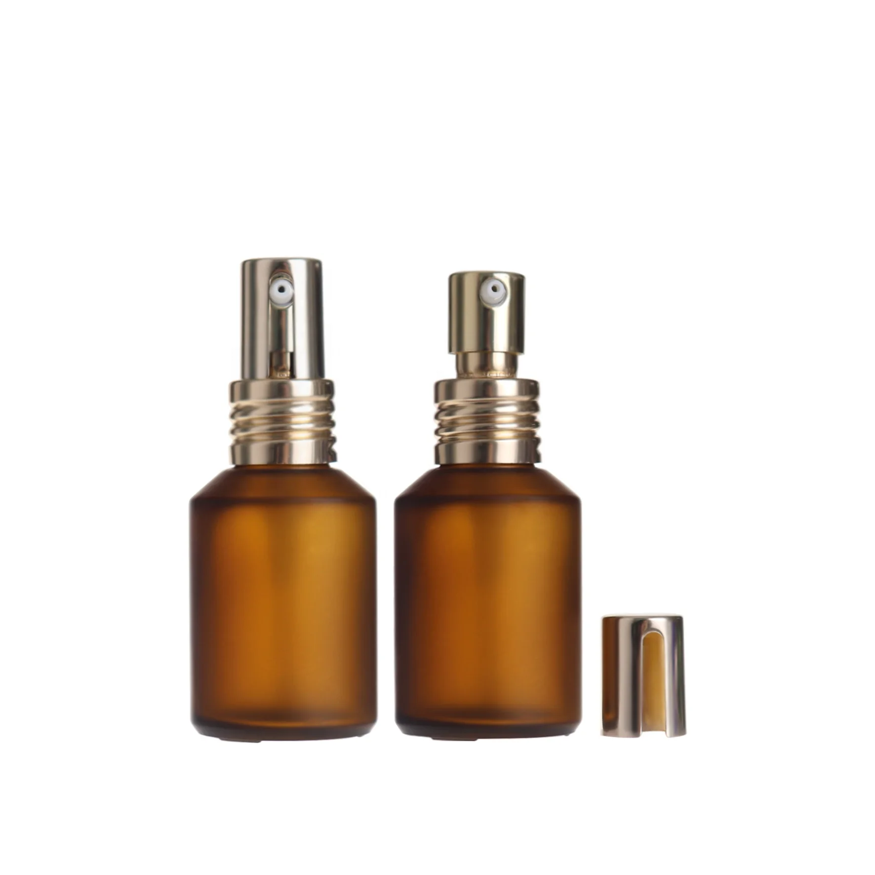 high end 30ml 1oz empty cosmetic packaging amber frosted slant shoulder serum glass bottles with golden lotion pump