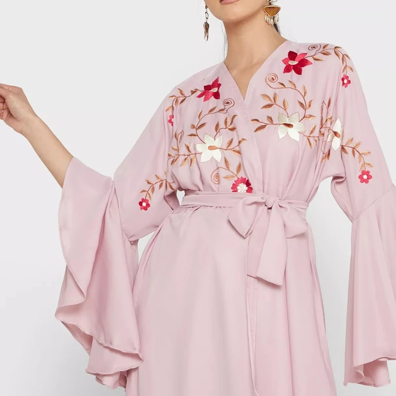 OEM custom pink 2023 summer ladies fashion embroidery turkish muslim casual dress chiffon abayas women