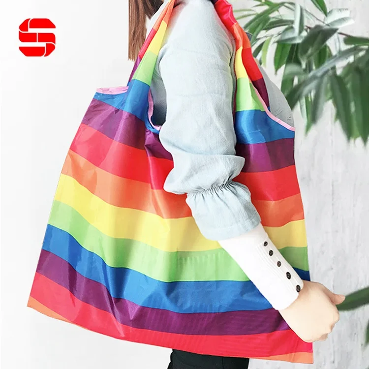 Custom Tote Bags Promotion Sublimation Printed Eco Nylon Recycled Foldable Reusable Grocery Polyester Shopping Bag with logos