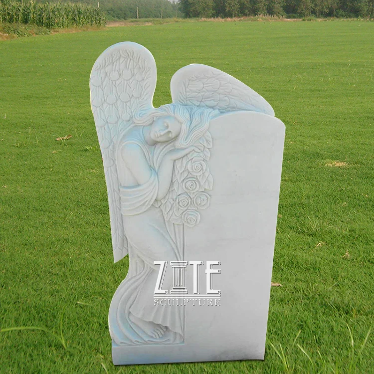Natural Hand Carved White Marble Angel Tombstone Headstone Designs