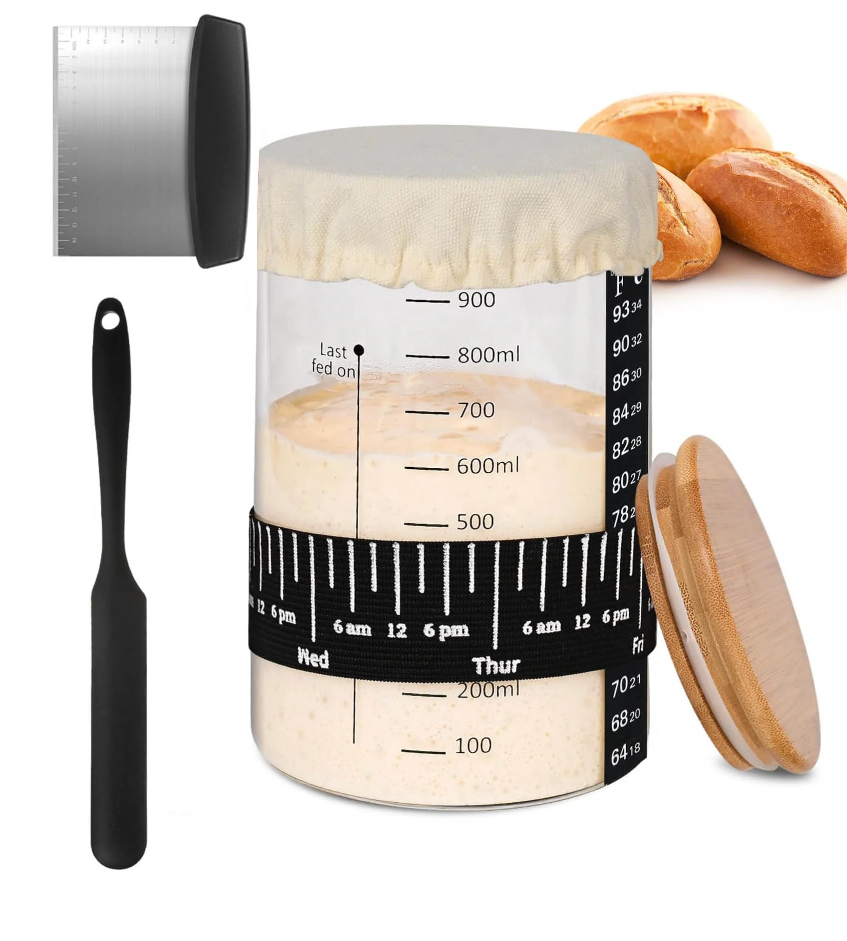 Factory Custom Logo DIY Glass 730ml Sourdough Bread Baking Wide Mouth 35oz Sourdough Starter Kit with Loofah Brush Cutter