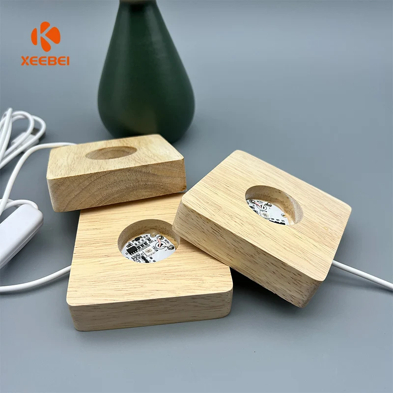 Wholesale Bedroom Desktop RGB Control Acrylic Wooden Base Lamp 3D Night Light gift warm light USB   Wooden Led lamp base
