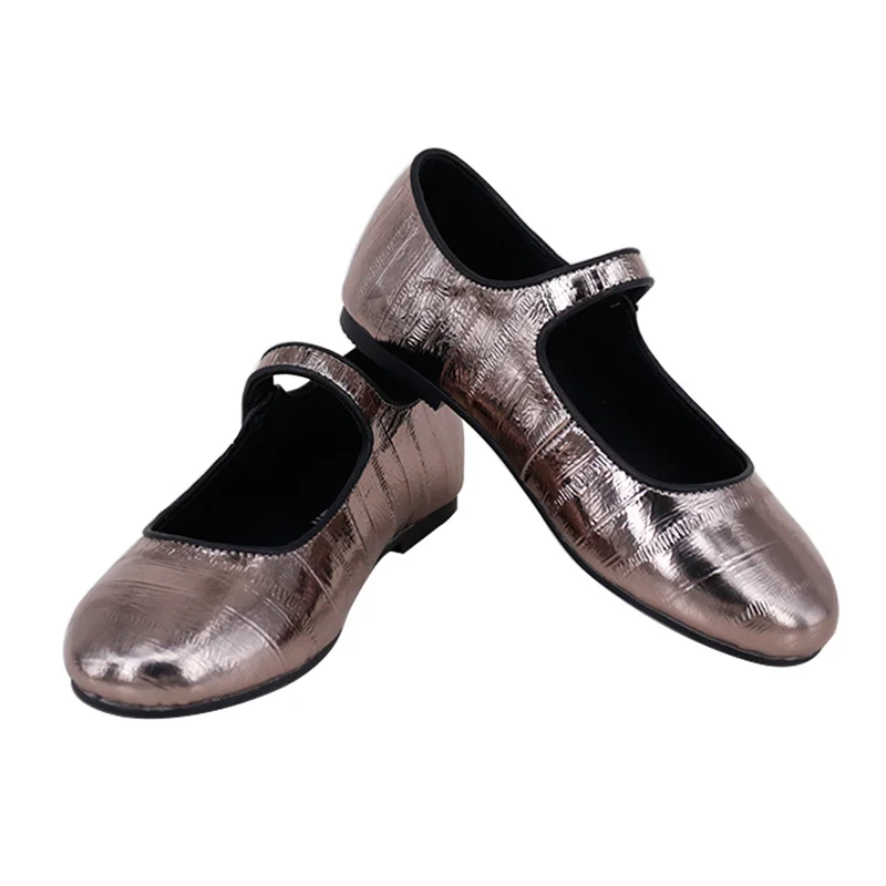 Wholesale Genuine Leather Latest Design Girls Shoes Stylish Pewter Color Eel Pattern Embossed Leather Mary Jane Shoes For Girls
