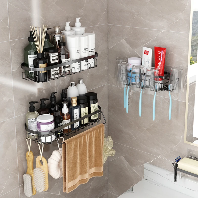 4 pack-stainless steel adhesive corner shelf shower caddy wall mounted bathroom organizers storage rack with hooks