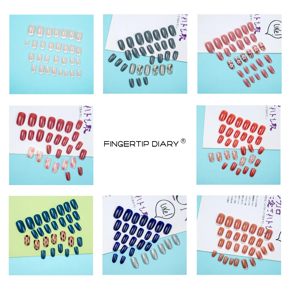 24 Colors Full Cover Almond Shape False Diamond Nails Art Tips Coffin Press On Nail 30 PCS Short Fake Nails