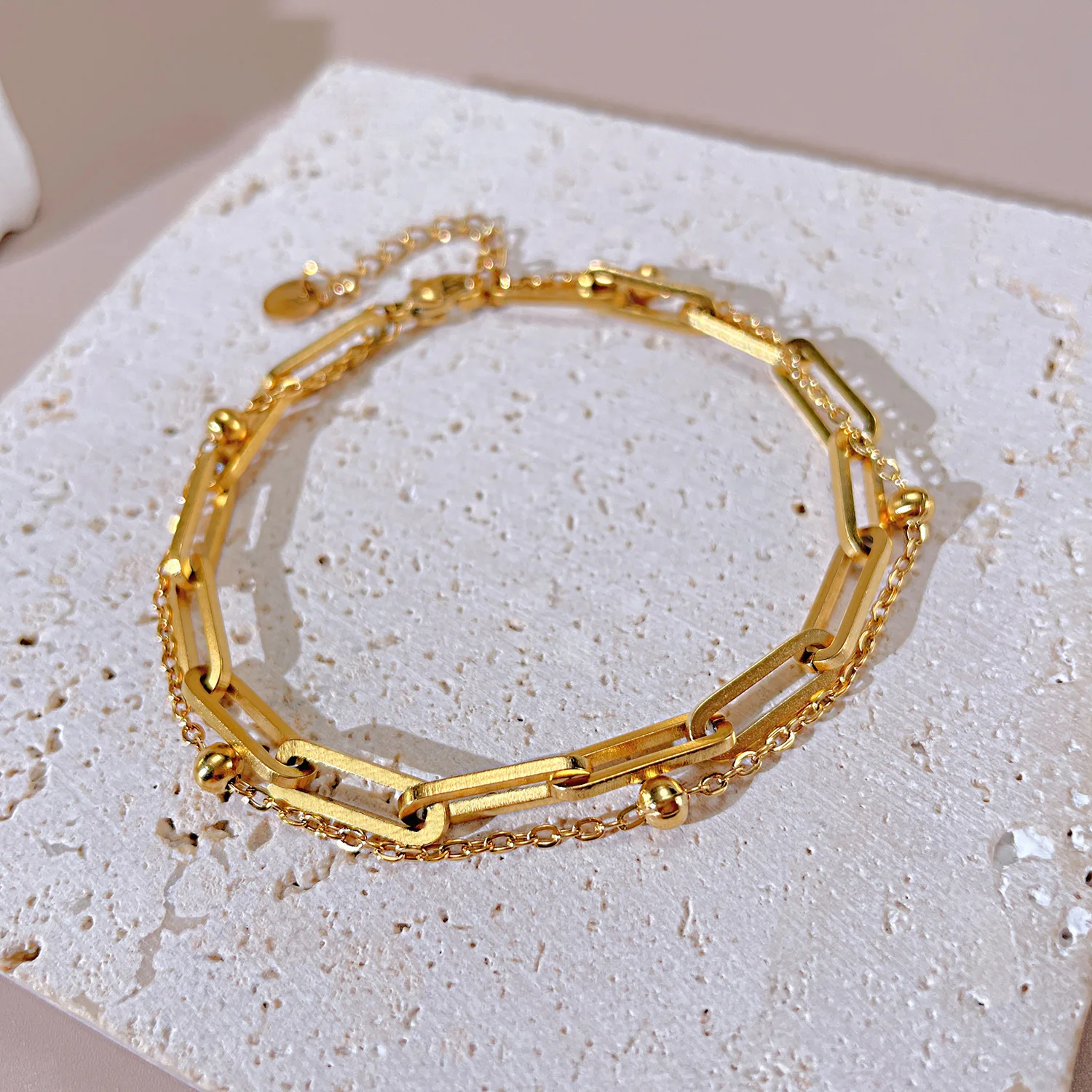 Paper Clip Chain Bracelet For Women Fashion Round Beads Double Layered Fine Jewelry Stainless Steel Women Adjustable Bracelet