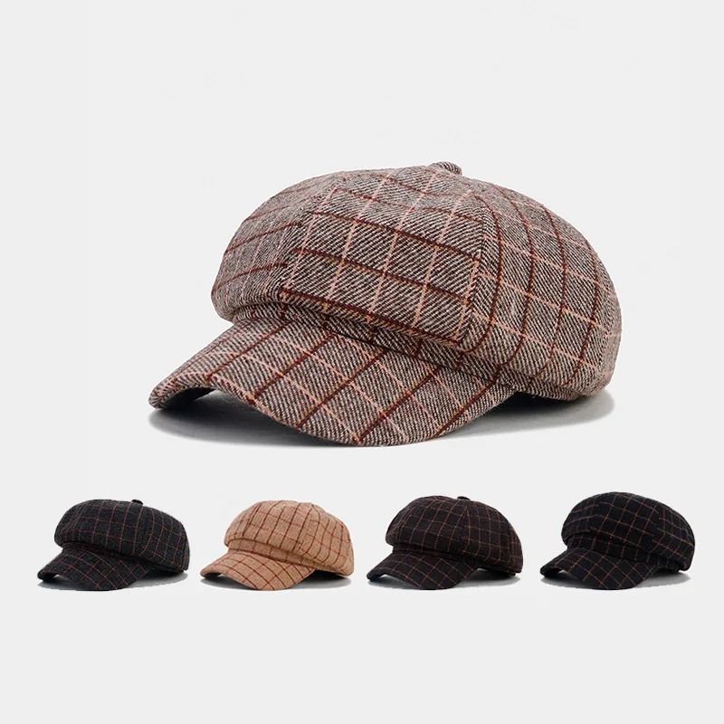 Hot Sale Fashion Women Berets octagonal Newsboy Cap Plaid Design Beret Hat for Women 8 Panels Newsboy Cap