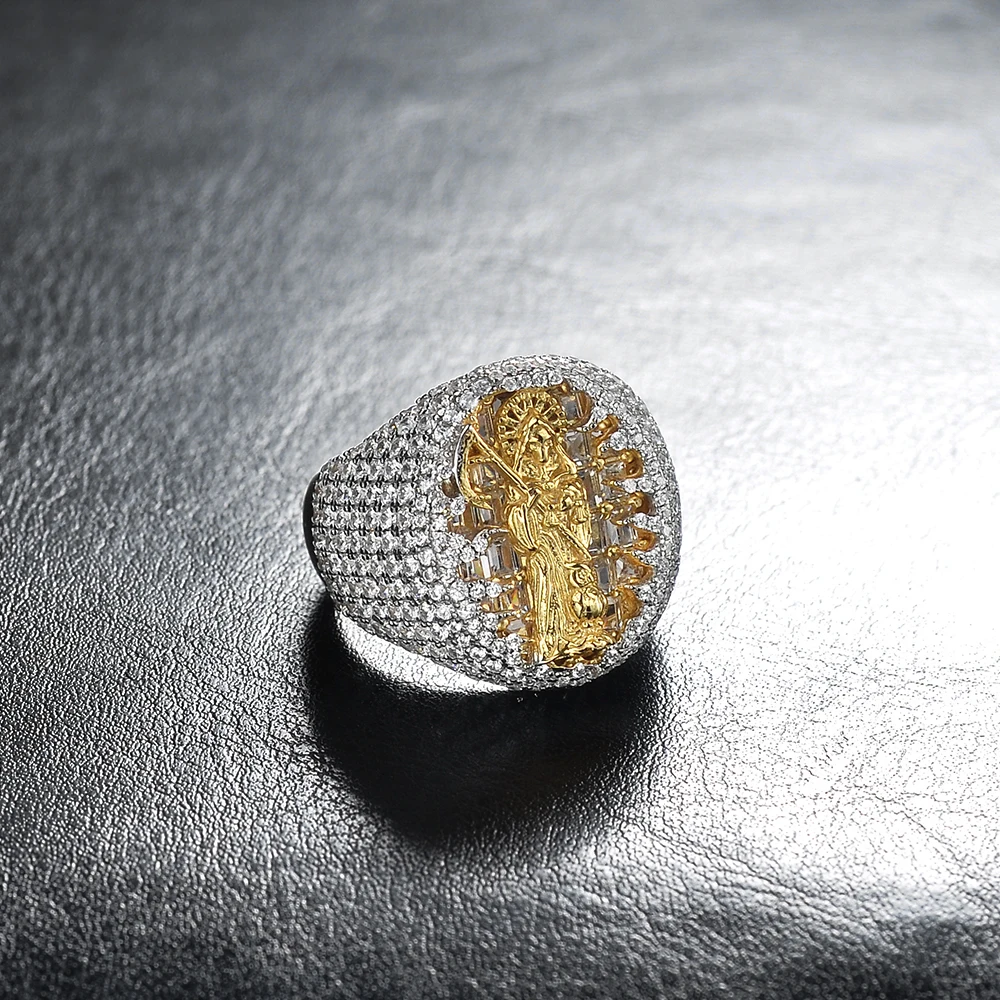 Luxury Jewelry Bling 925 Sterling Silver Halo Cz Stones Antique Yellow Gold Metal Plated Round Authentic Hip Hop Rings