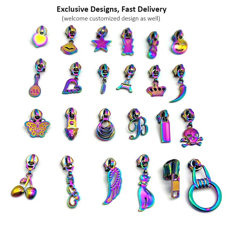 Rainbow-zipper-slider custom metal fancy bag zipper pulls head sewing slider puller for garment