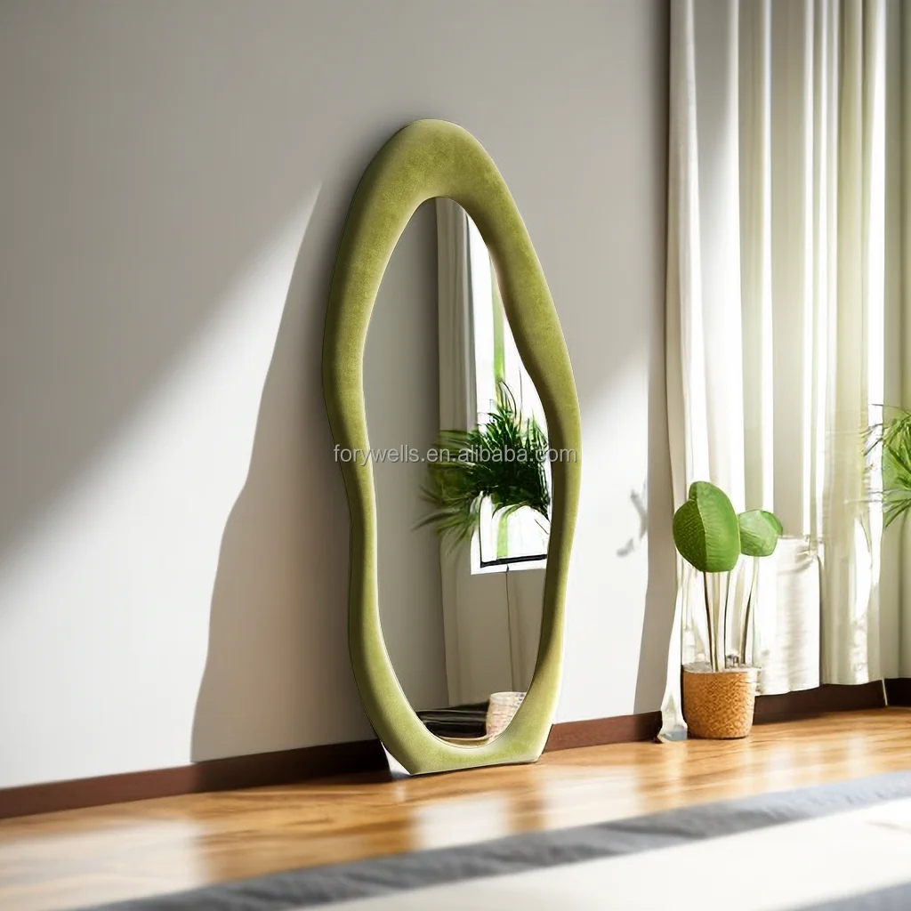 Fabricants De Miroirs Magiques Chine Bojoy Mirror Wall Flannel Wrapped Blue Wavy Velvet Tufted Stand Floor Frame Mirror