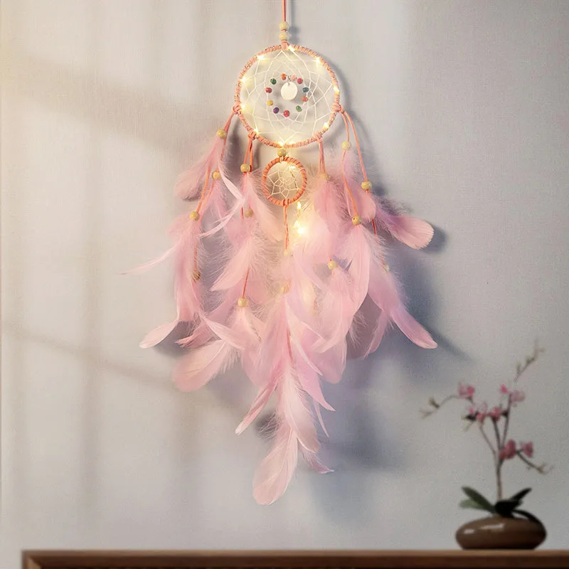 Handcrafted colorful feather lucky turquoise pendant beaded fairy lamp moonlit dream catcher