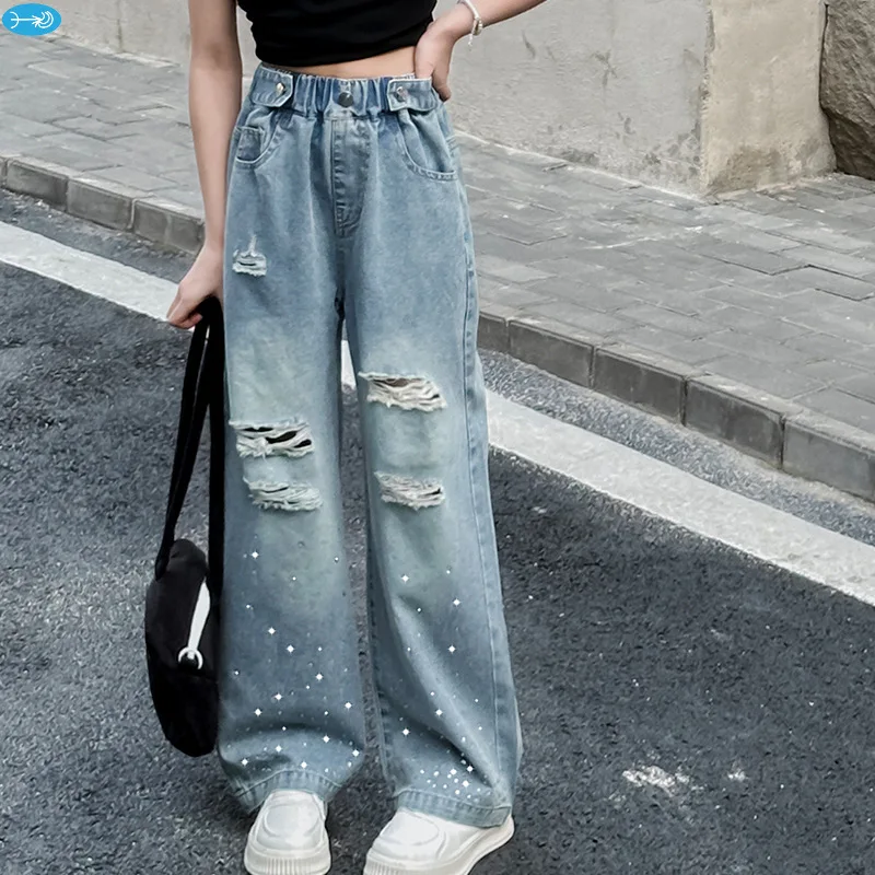 2024 New Fashion Children Girl Summer Thin Bling Bling Ripped Jeans 5-15 Years