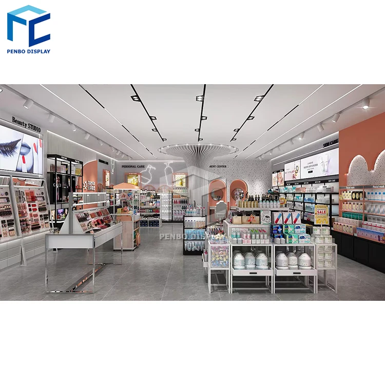 Custom Wooden Wall Cosmetic Shelves Display Cabinet And Makeup Display Wall Showcase