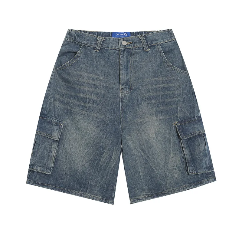 Custom wholesale high quality vintage wash to do old multi-pocket cargo denim shorts custom logo printed loose denim shorts