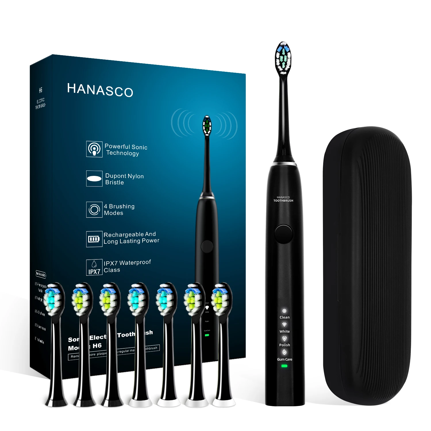 HANASCO Factory Logo OEM  Wireless Rechargeable 4 Brushing Modes Sonic Vibration Electric Toothbrush With Travel Case