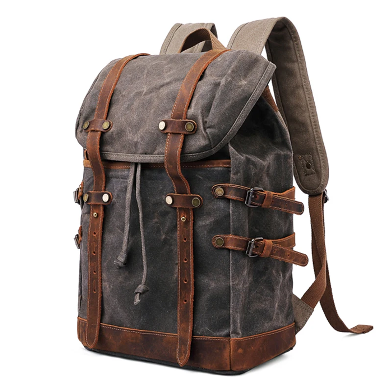 2024 Custom Vintage Camping Outdoor Travel Hiking Laptop Waterproof Casual Sports Waxed Canvas Rucksack Backpack Bag For Men