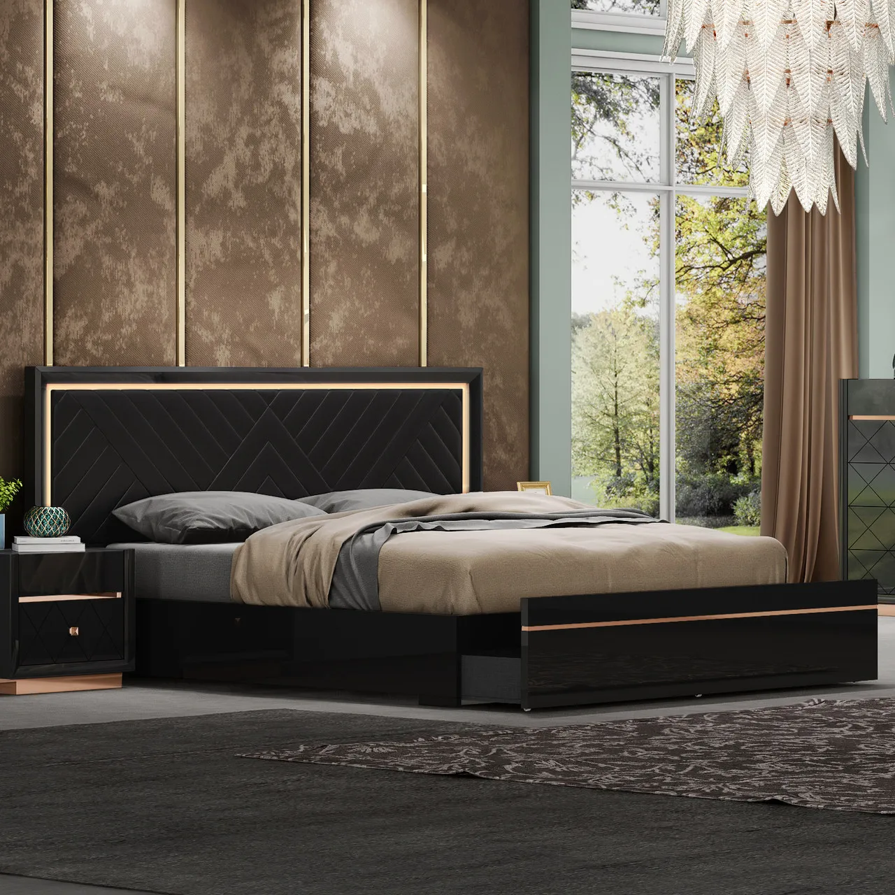 NOVA High Gloss Full Size Bed Led Light Headboard 5 Pieces Bedroom Suite Ensembles De Chambre A Coucher King Bed With Storage