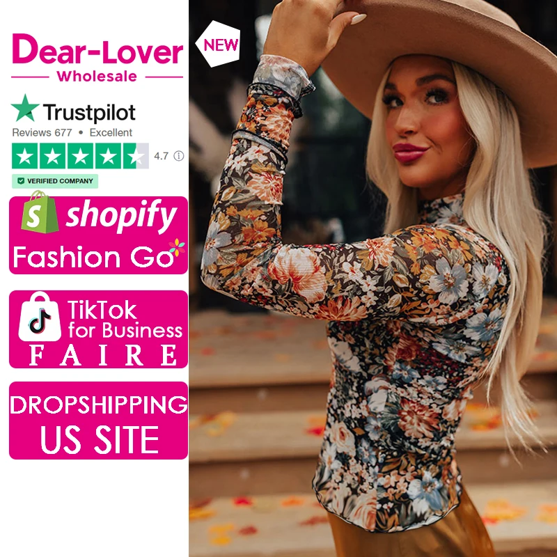 Dear-Lover Wholesale Brown Floral Long Sleeve High Neck Sheath Mesh Blouse Western Clothing Women