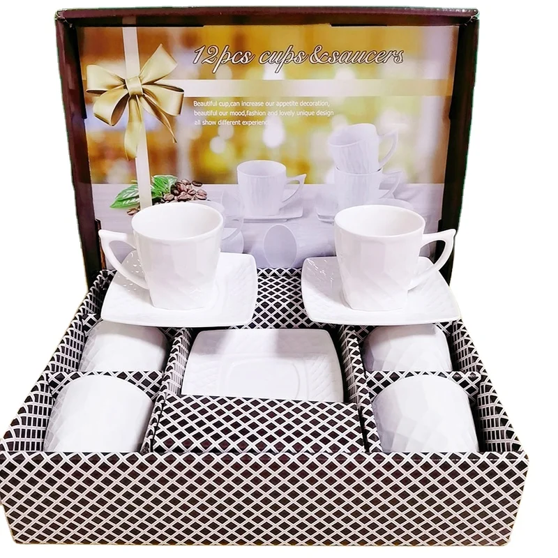 Wholesale european white porcelain 12 pcs tea coffee cup and saucer with color box