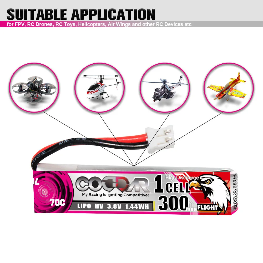 CODDAR LiPo Battery 1S 300MAH 3.8V 70C PH2.0 With Cabled FPV Drone High Voltage HV LiHV Lithium Polymer